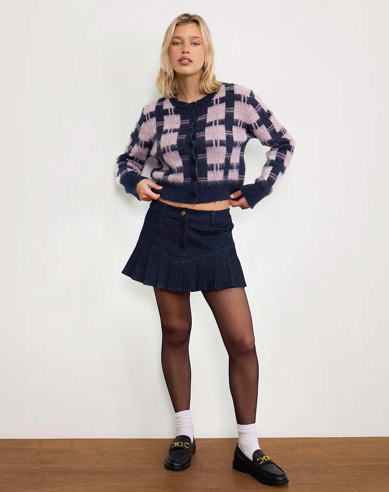 Anzio Button Up Cardigan In Multi Check Navy and Pink - Image 6