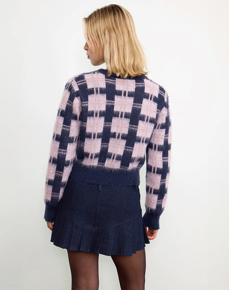 Anzio Button Up Cardigan In Multi Check Navy and Pink - Image 7