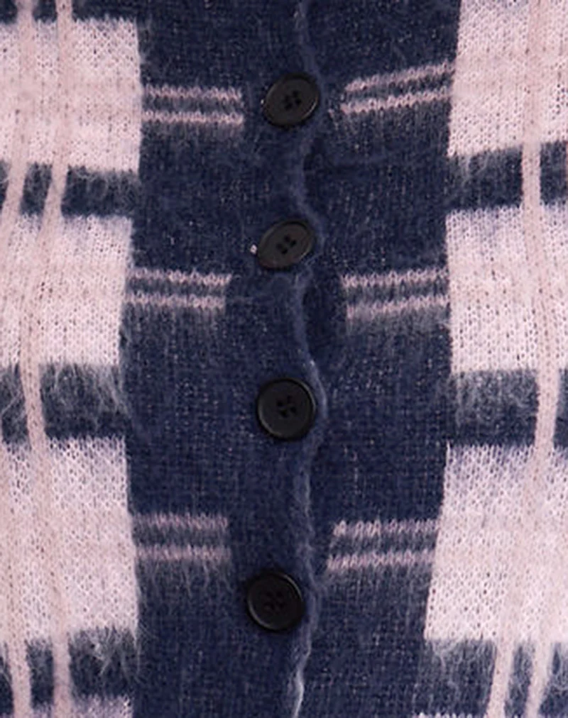 Anzio Button Up Cardigan In Multi Check Navy and Pink - Image 8