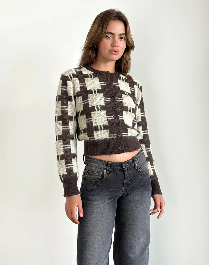 Anzio Knitted Cardigan in Check Brown - Image 3