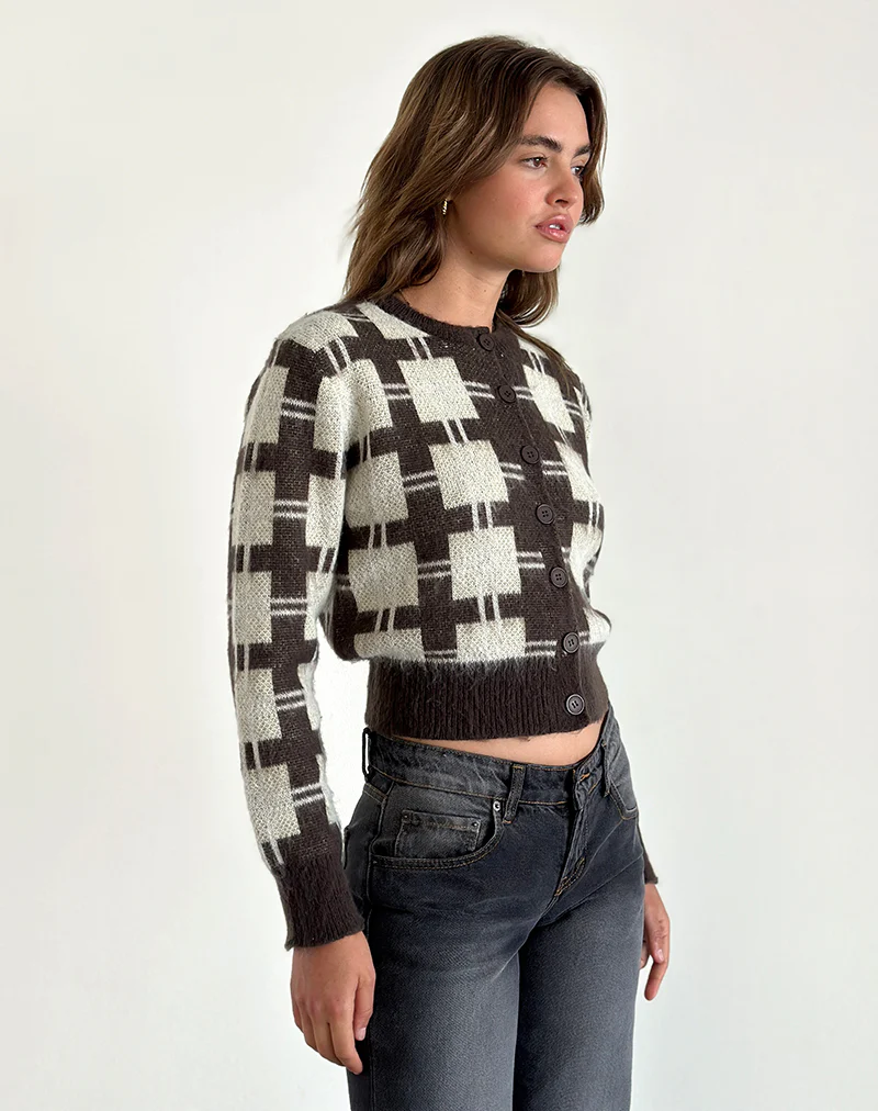 Anzio Knitted Cardigan in Check Brown - Image 7