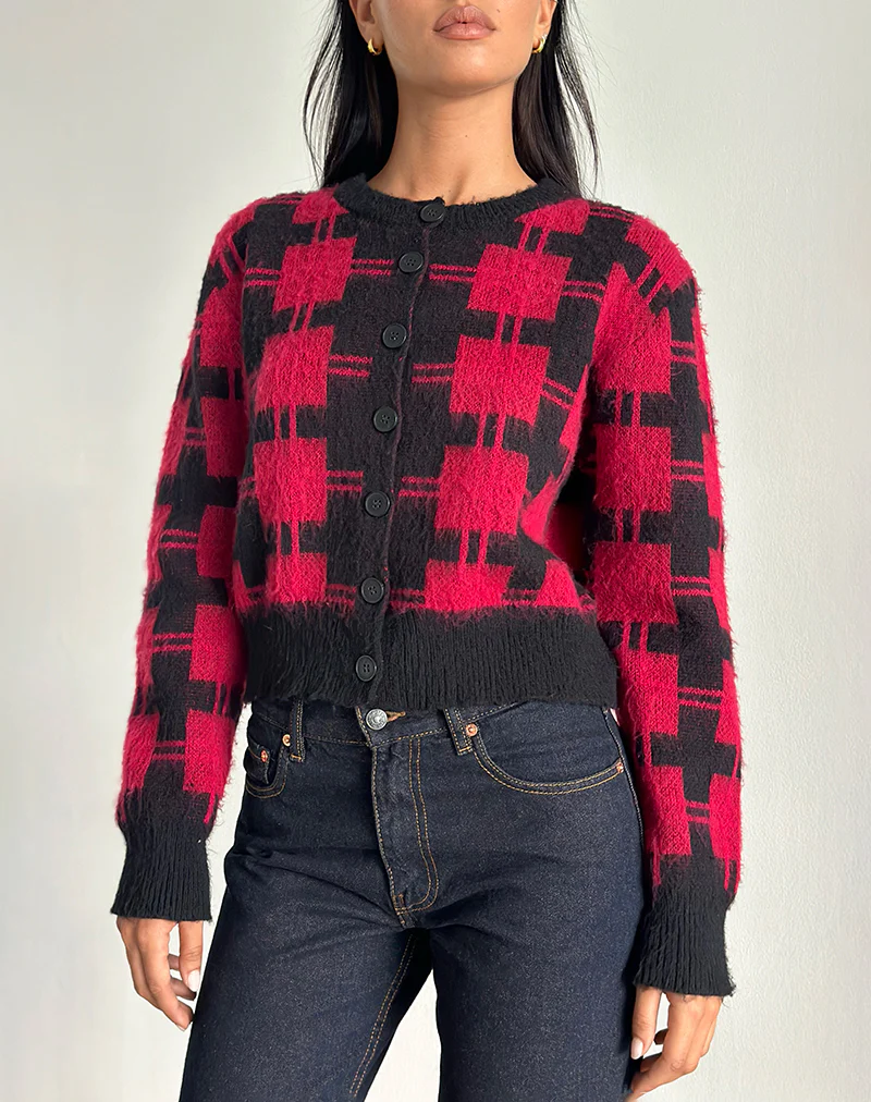 Anzio Cardigan in Black and Red Check Knit - Image 2