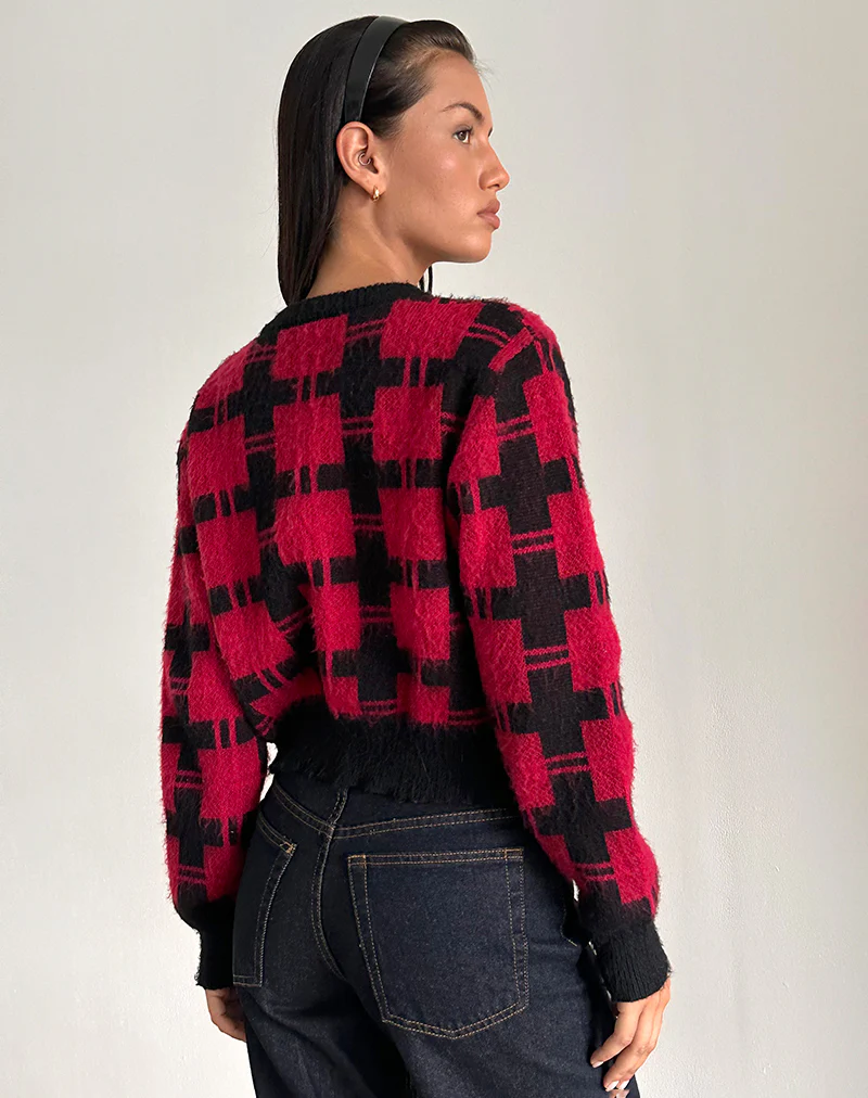 Anzio Cardigan in Black and Red Check Knit - Image 3