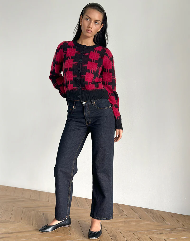 Anzio Cardigan in Black and Red Check Knit - Image 4