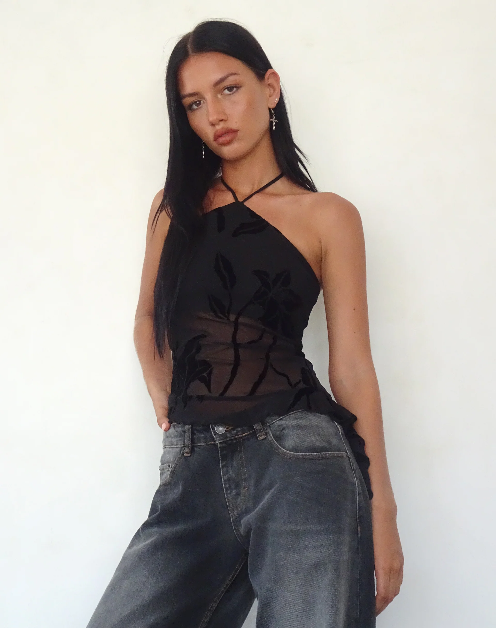 Arabella Halterneck Top in Orchids Flock Black - Image 3