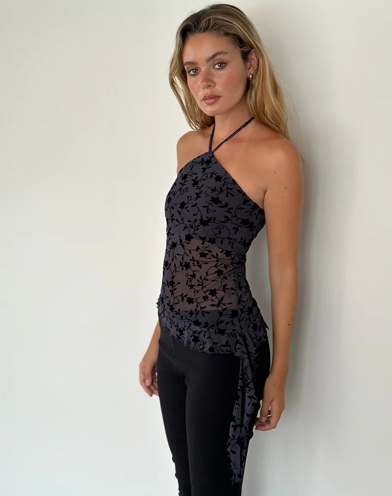 Arabella Halterneck Top in Pretty Petal Flock Navy - Image 3