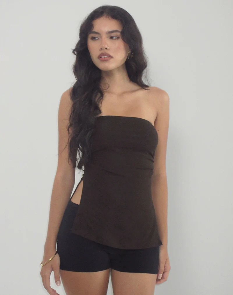 Aravie Ruched Bandeau Top in Chocolate Brown - Image 3