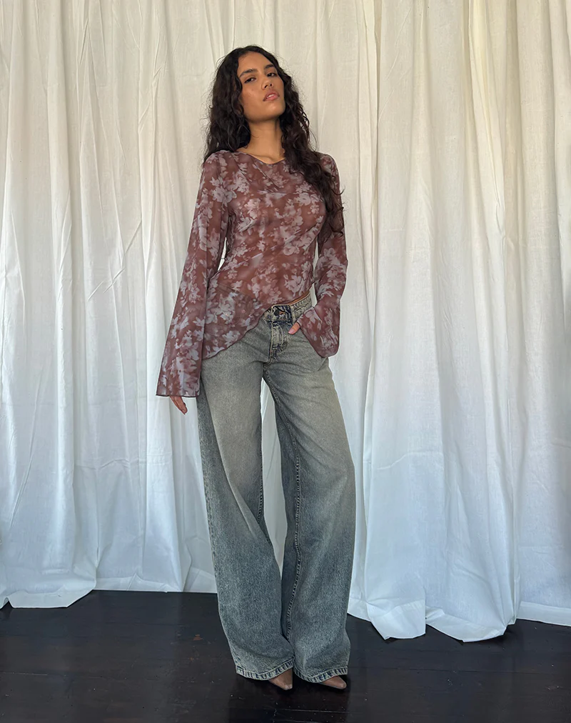 Arcelia Long Sleeve Mesh Top in Botanical Shadow Brown - Image 3