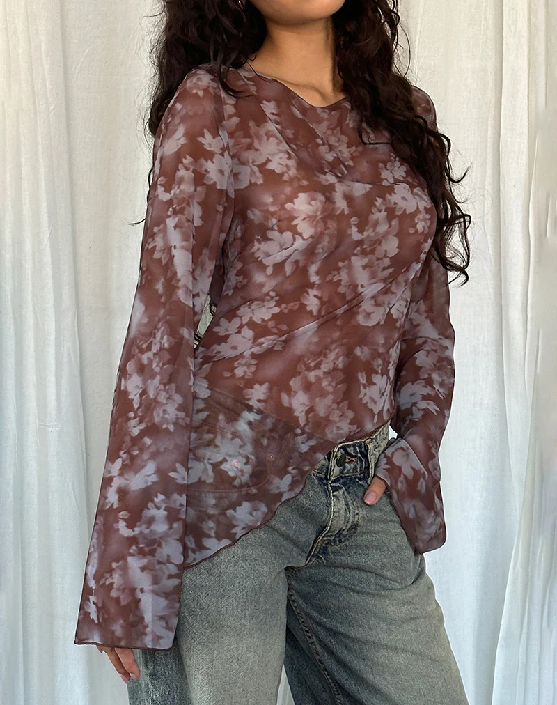 Arcelia Long Sleeve Mesh Top in Botanical Shadow Brown - Image 4