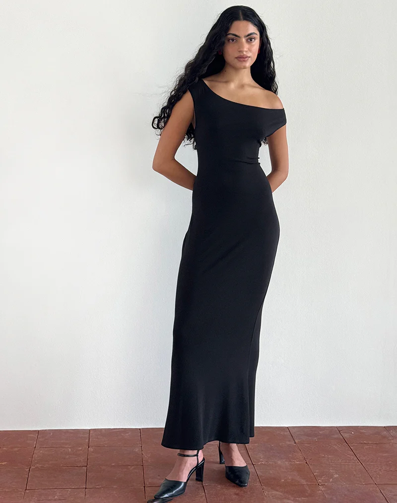 Ardita Asymmetrical Rib Knit Maxi Dress in Black - Image 2