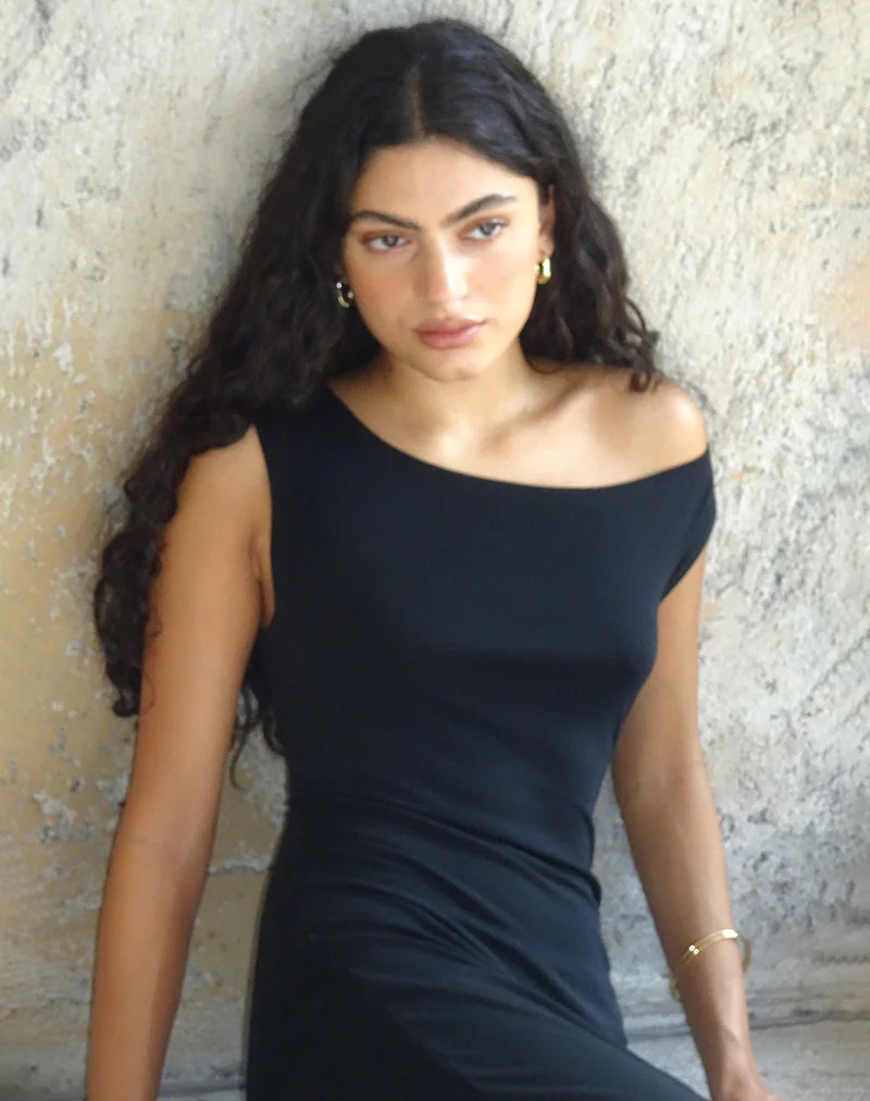 Ardita Asymmetrical Rib Knit Maxi Dress in Black - Image 3