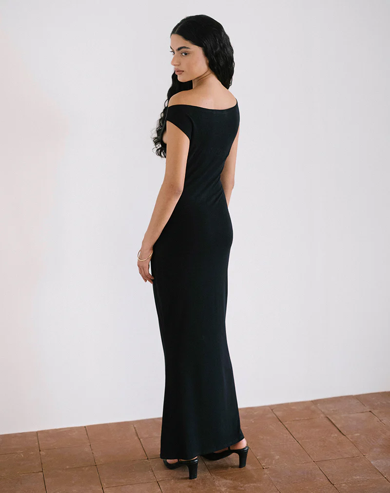 Ardita Asymmetrical Rib Knit Maxi Dress in Black - Image 4