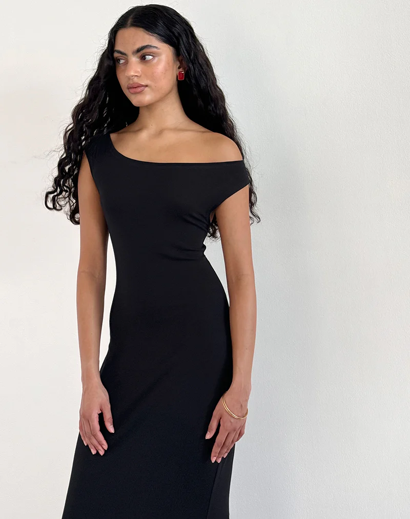 Ardita Asymmetrical Rib Knit Maxi Dress in Black - Image 6
