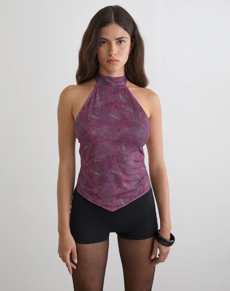 Ares Halterneck Top in Purple Regal Paisley - Image 3