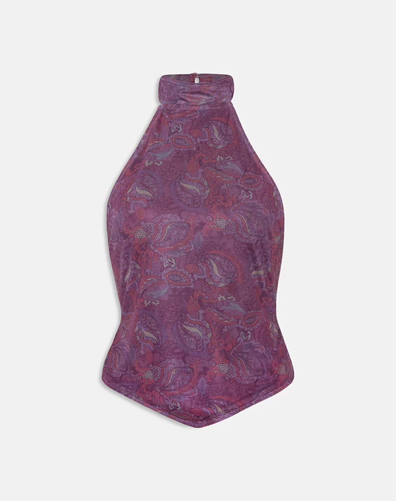 Ares Halterneck Top in Purple Regal Paisley - Image 5