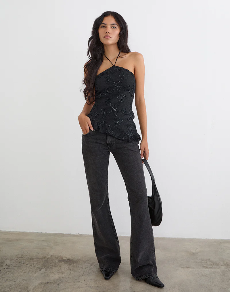 Argeila Halter Top in Sequin Knit Black - Image 2