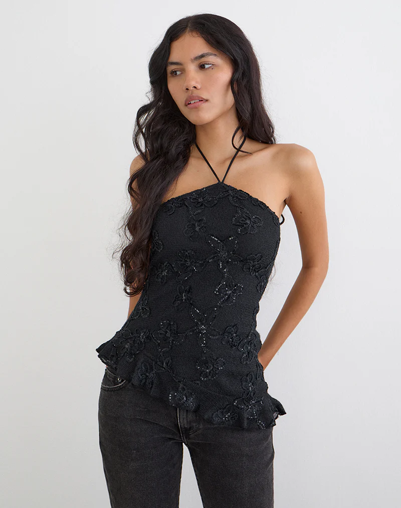 Argeila Halter Top in Sequin Knit Black - Image 4