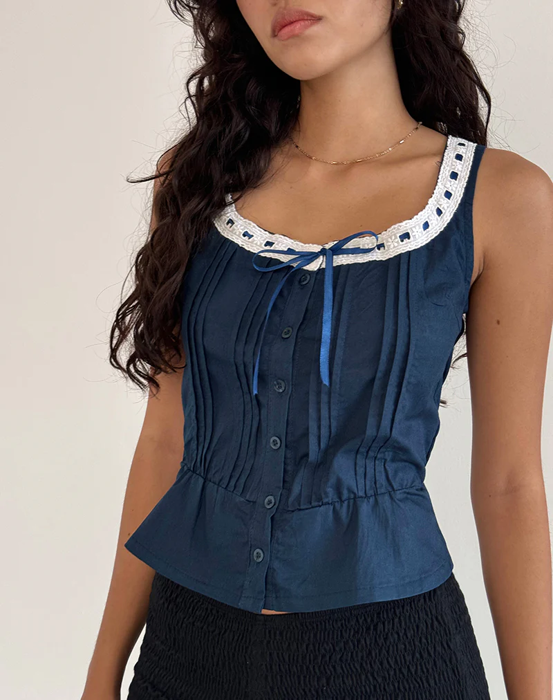 Arhan Sleeveless Top in Navy Poplin with White Trim - Image 2