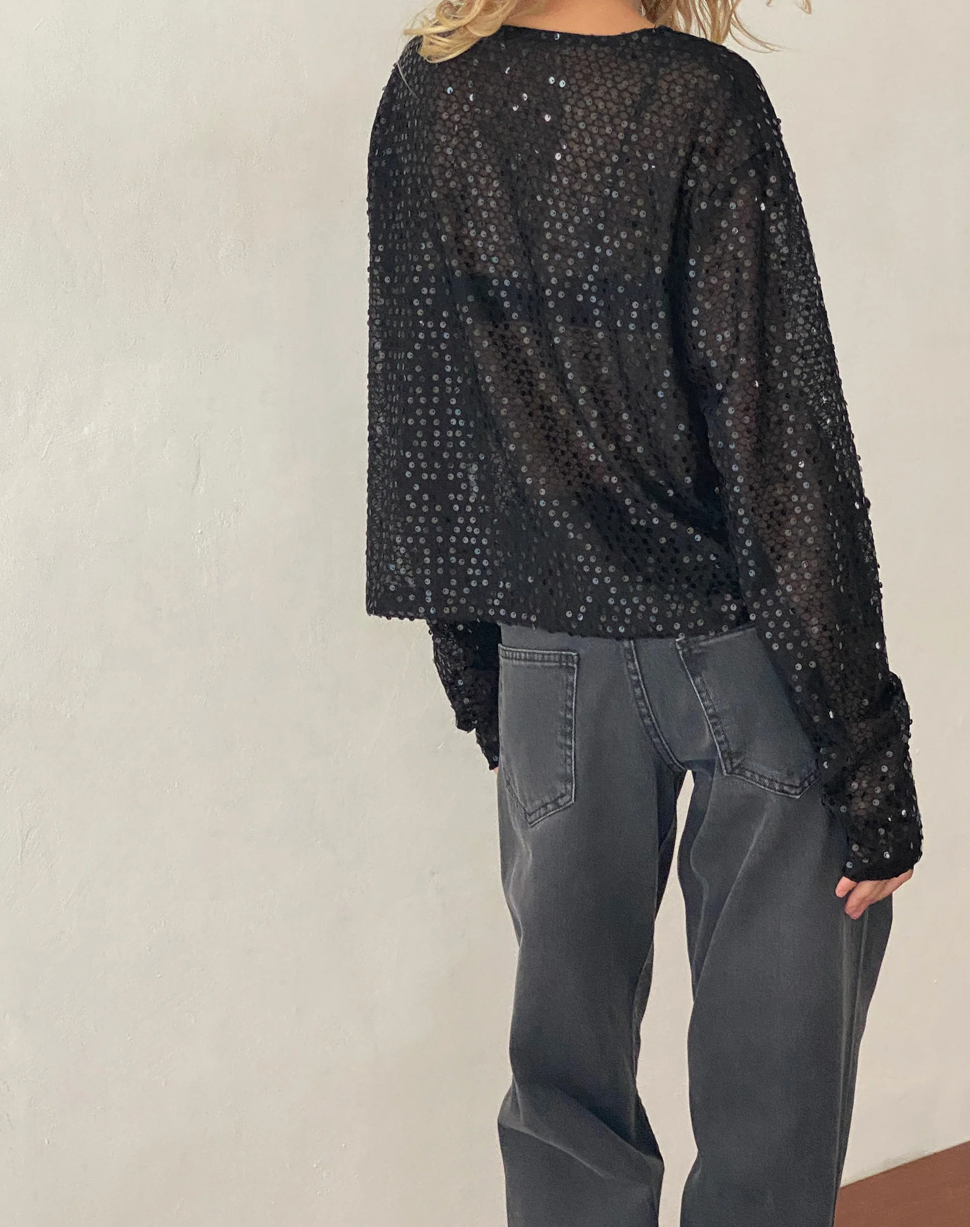 Aridani Unlined Long Sleeve Top in Black Sequin - Image 3