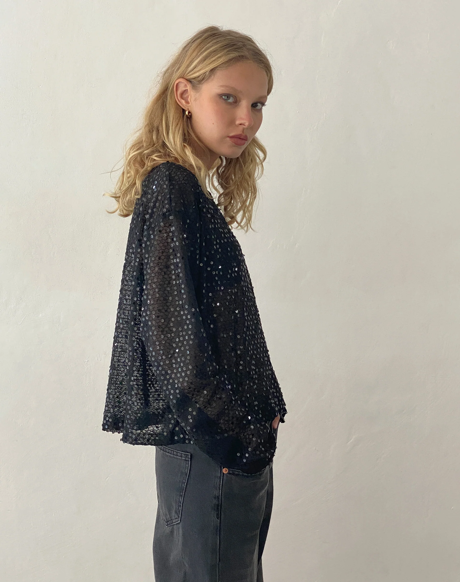 Aridani Unlined Long Sleeve Top in Black Sequin - Image 4