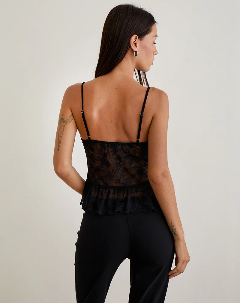Arin Ruffle Cami Top in Floral Lace Black - Image 5