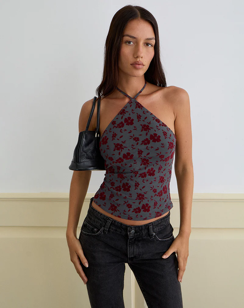 Arira Halter Top in Garden Floral Blue Grey - Image 5