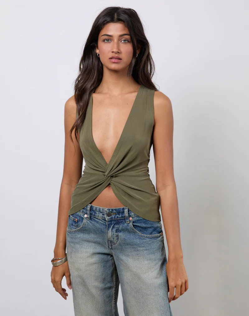 Arlys Twist Detail Top in Cupro Khaki - Image 5