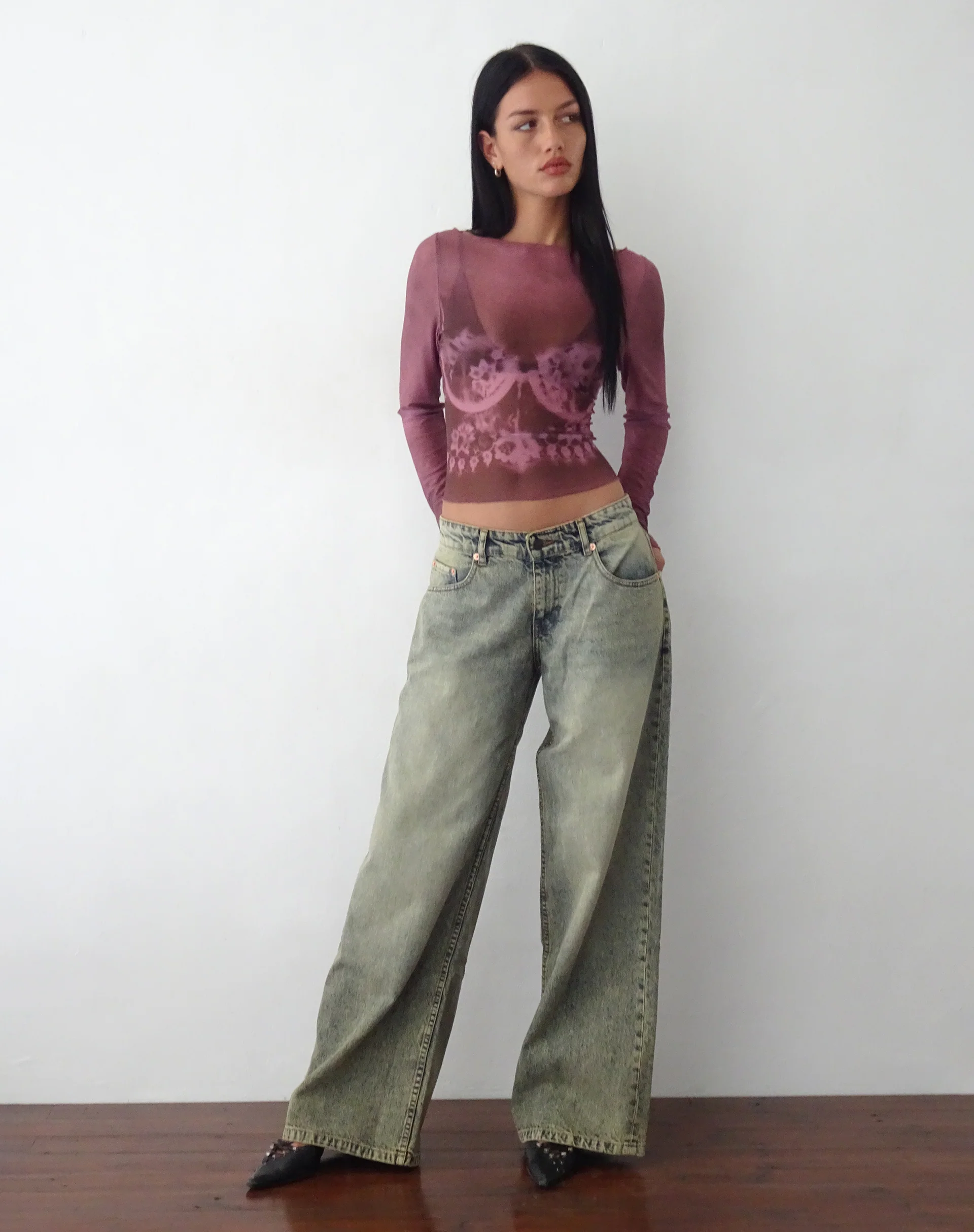 Armali Long Sleeve Top in Burgundy with Lace Bra Scan - Image 2