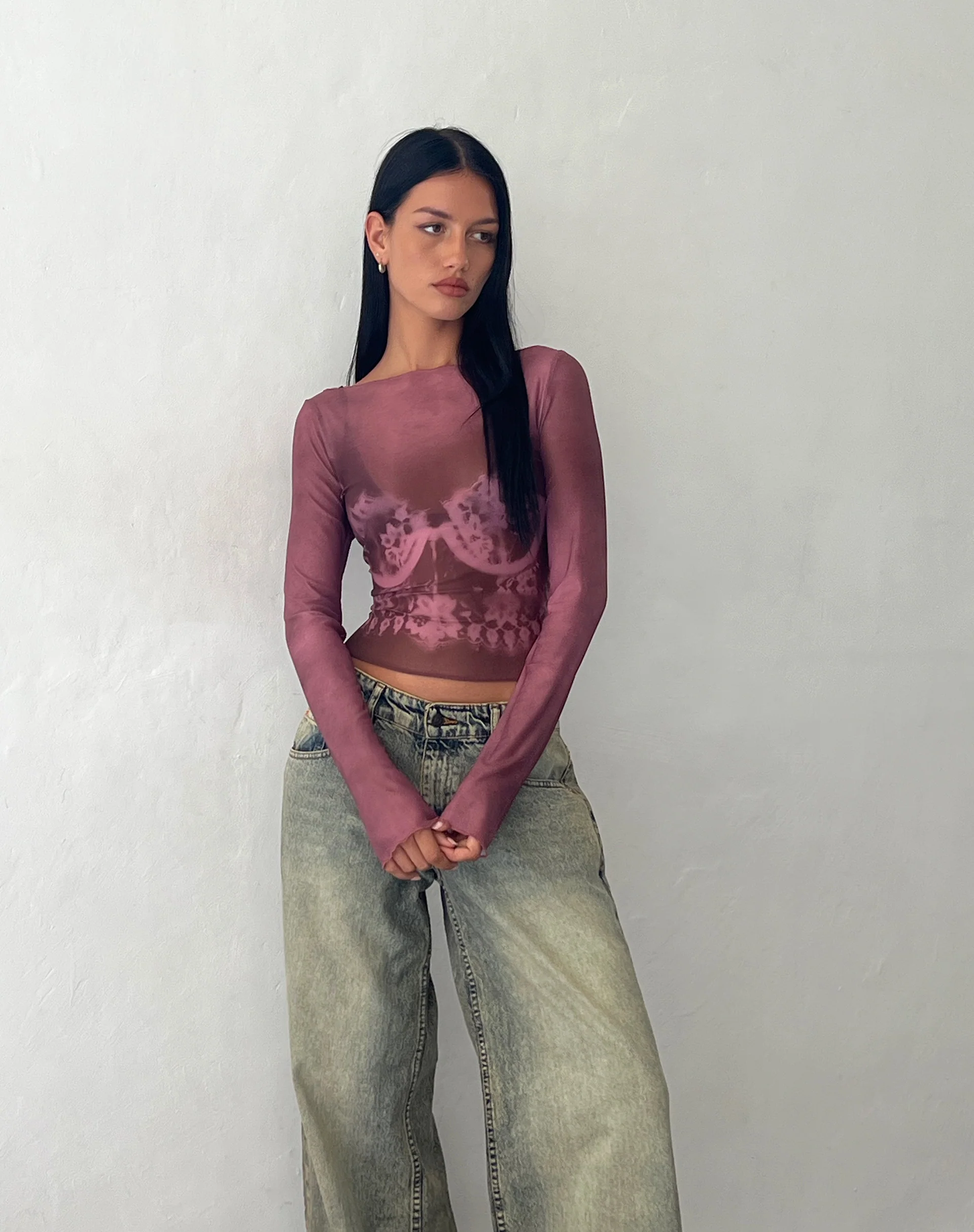 Armali Long Sleeve Top in Burgundy with Lace Bra Scan - Image 3