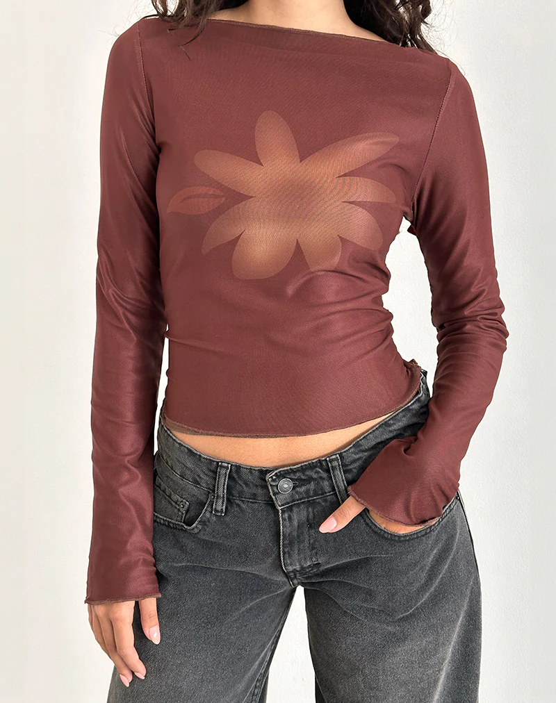 Armali Long Sleeve Top in Mesh Tonal Flower Brown - Image 2
