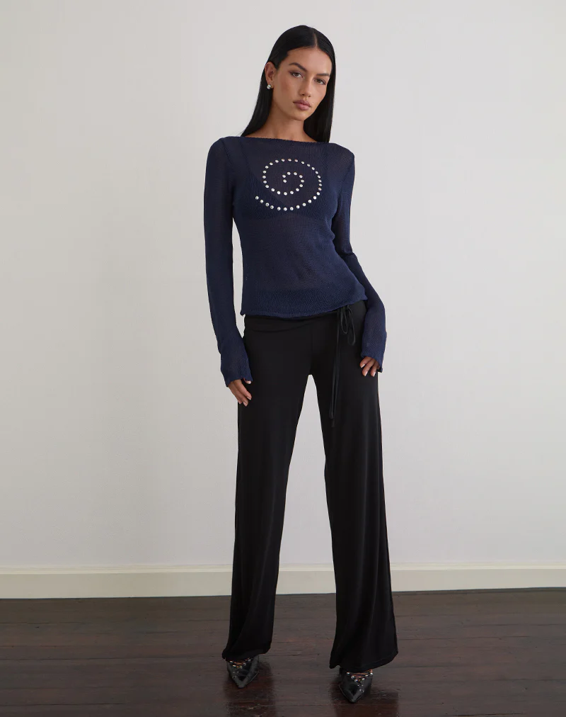 Armali Long Sleeve Top in Stud Sheer Knit Navy - Image 2