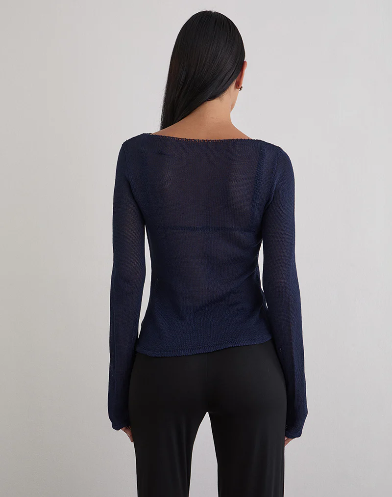 Armali Long Sleeve Top in Stud Sheer Knit Navy - Image 4