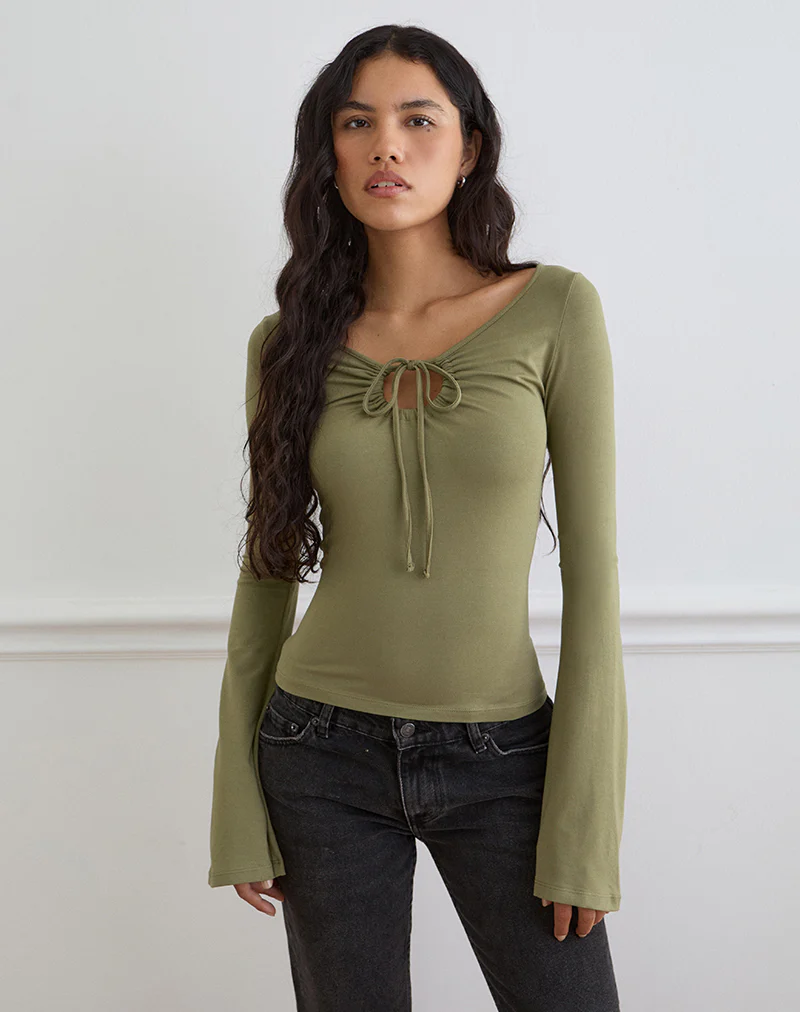 Armel Long Sleeve Keyhole Top in Rayon Jersey Khaki - Image 5