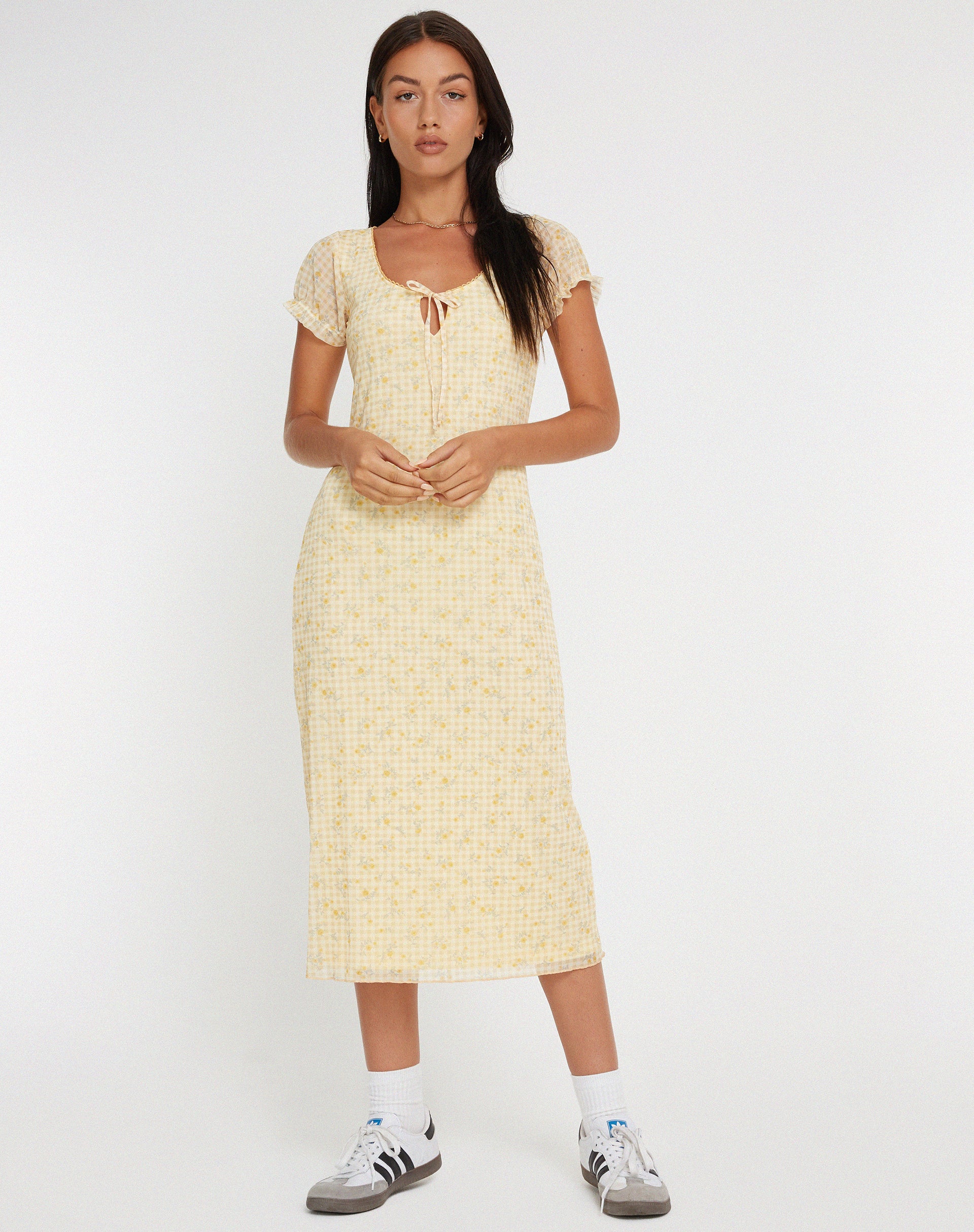 Aroha Midi Dress in Gingham Floral Yellow - Image 3