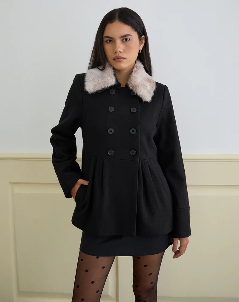 Arsil Double Breasted Coat in Black Wool - Image 2