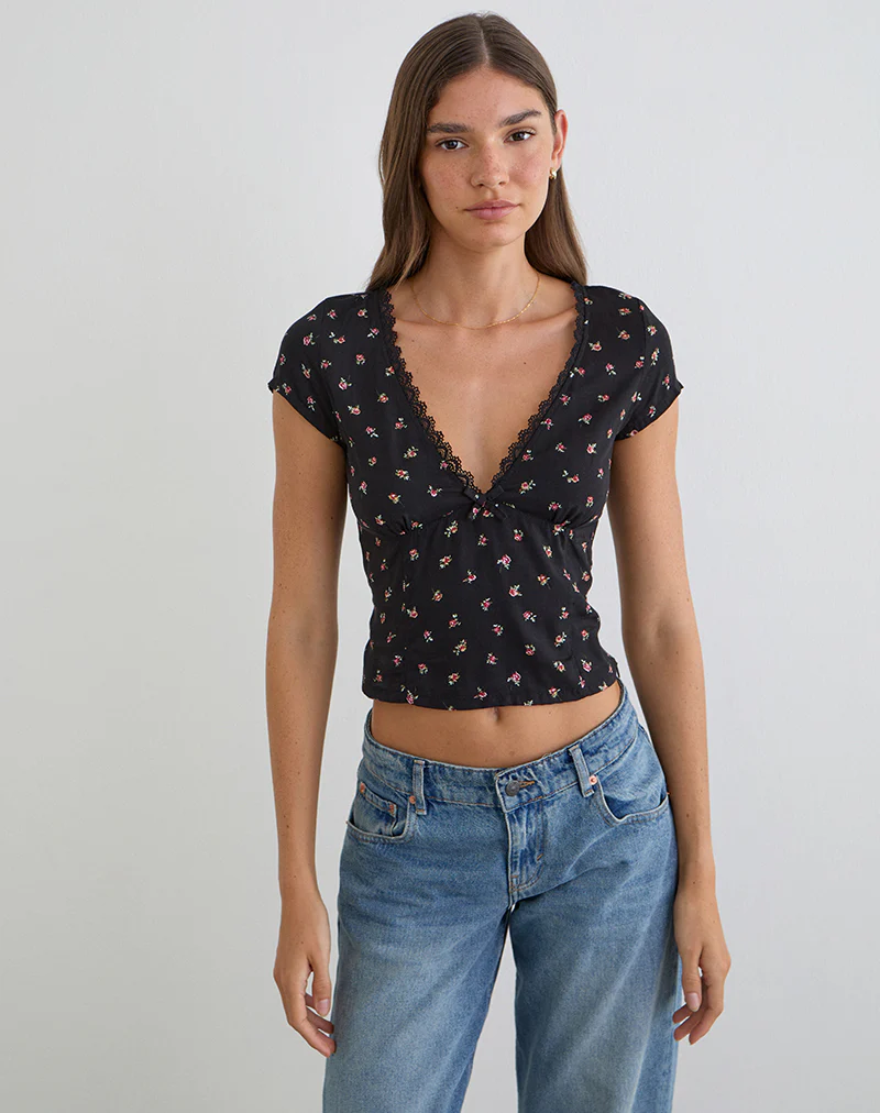Asana Top in Black with Red Rose Ditsy Print - Image 3