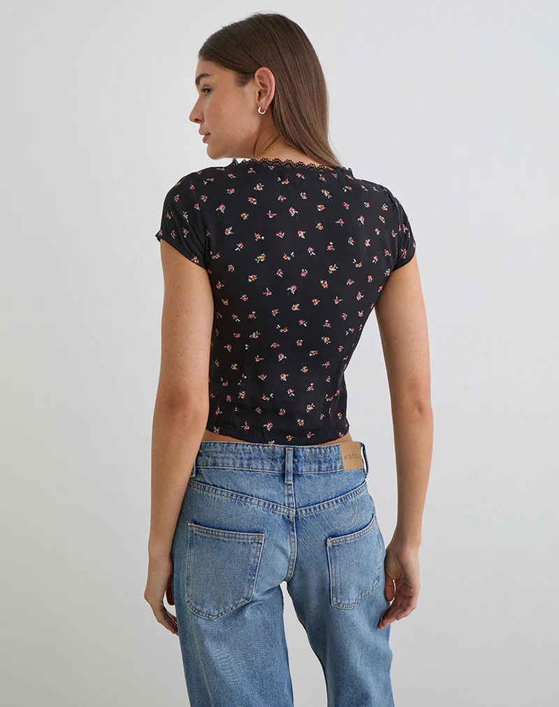 Asana Top in Black with Red Rose Ditsy Print - Image 4