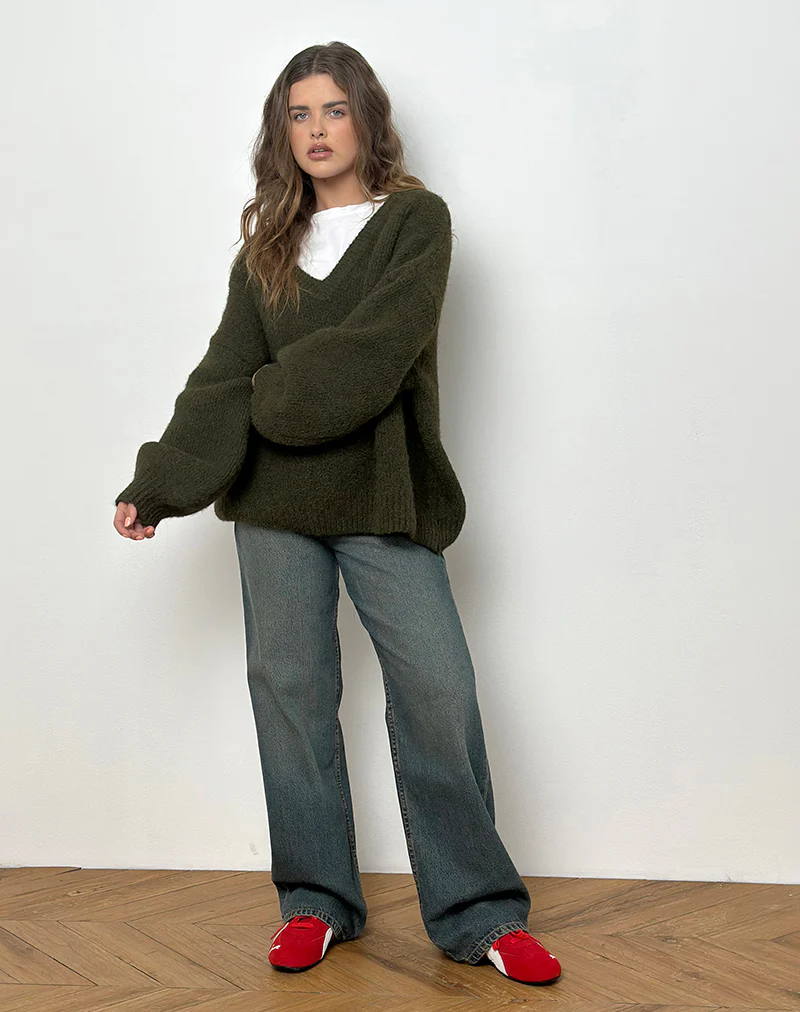 Asato Chunky V Neck Jumper in Brushed Khaki - Image 3