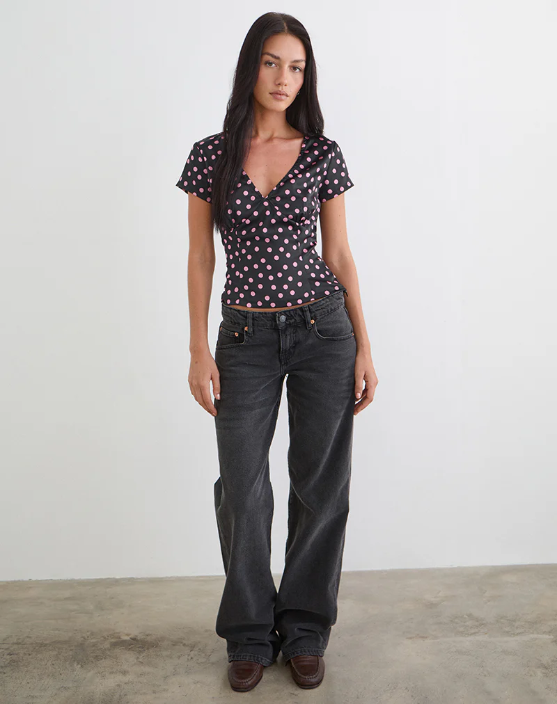 Asena Top in Black Satin Scattered with Pink Polka - Image 3