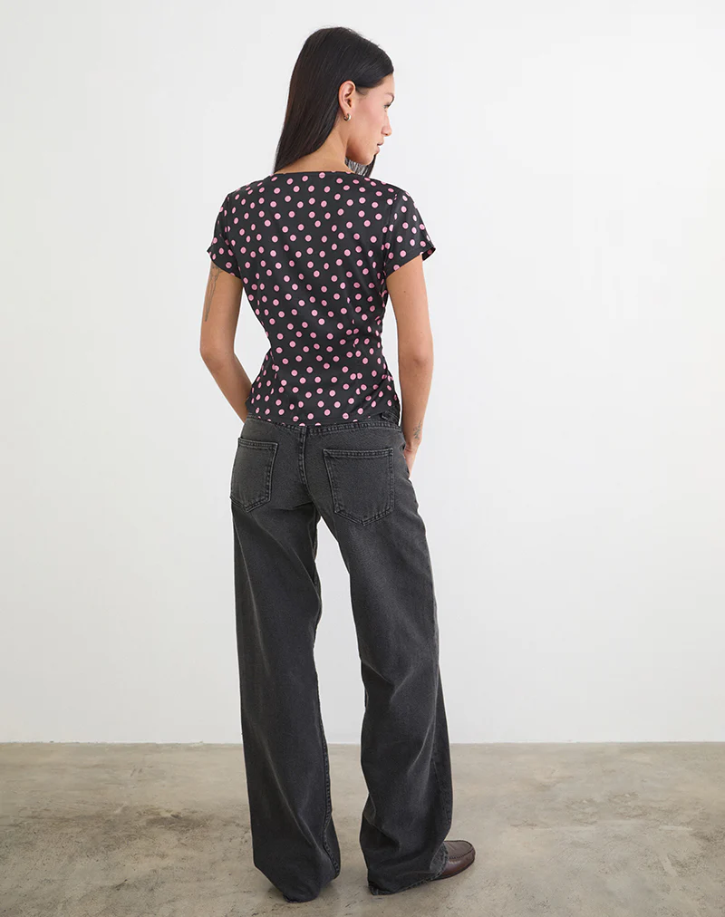 Asena Top in Black Satin Scattered with Pink Polka - Image 4