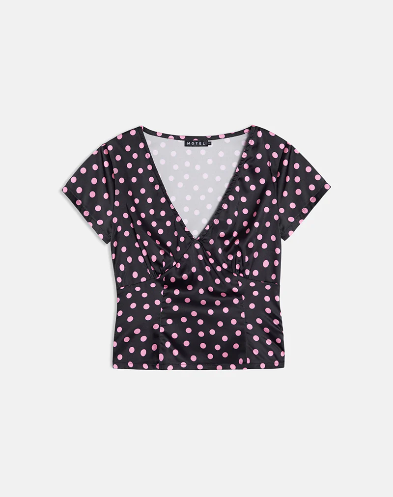 Asena Top in Black Satin Scattered with Pink Polka - Image 5