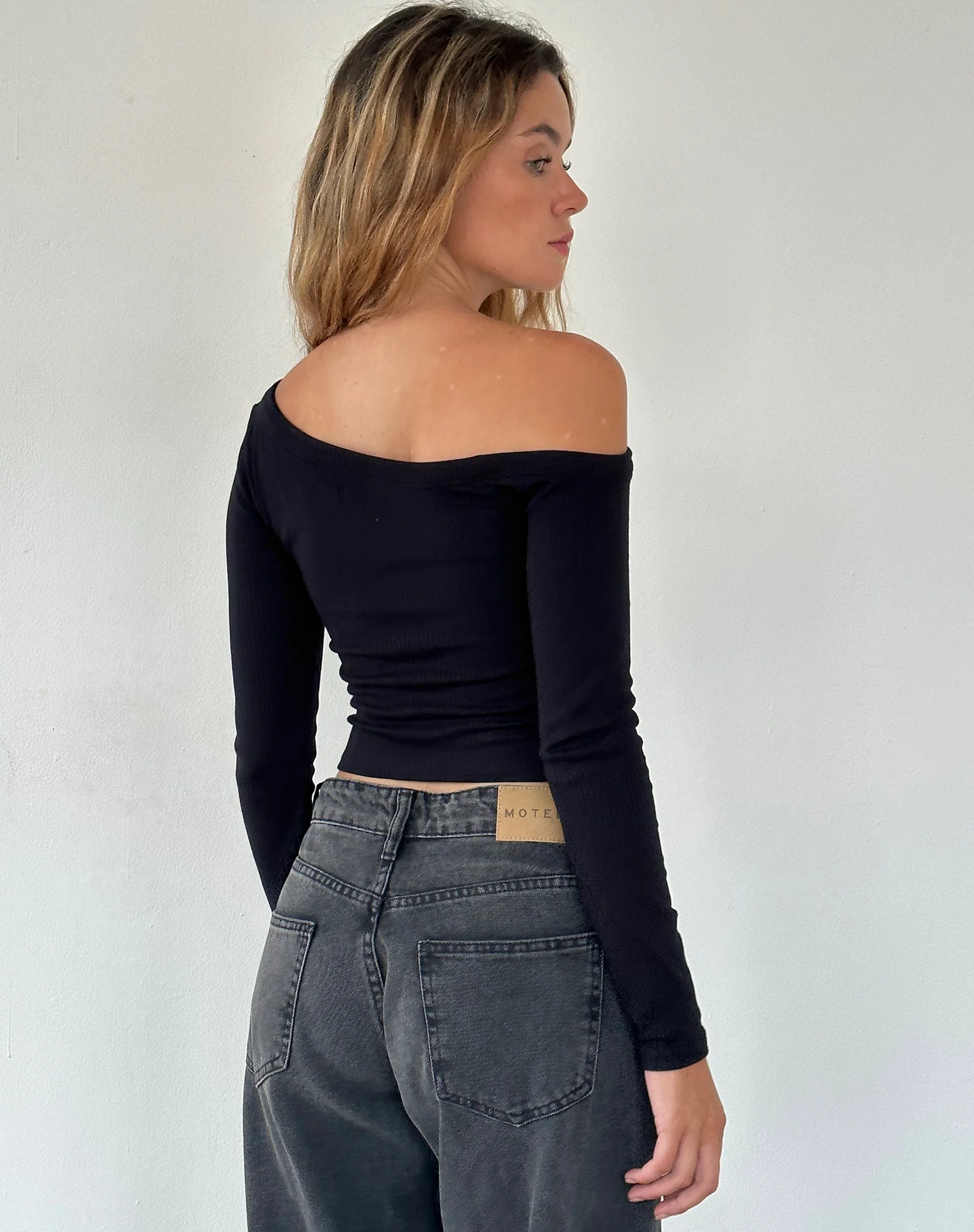 Ashia Asymmetric Long Sleeve Top in Black Super Soft Thick Rib - Image 2