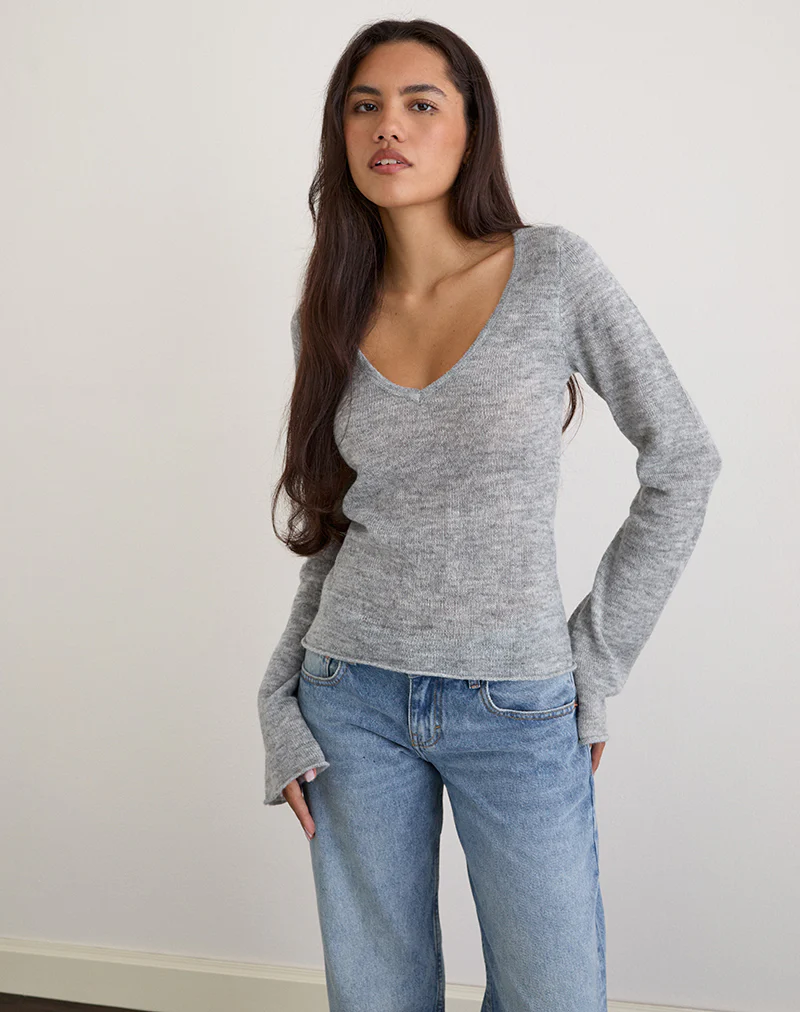 Ashla Long Sleeve Top in Sheer Knit Grey - Image 2