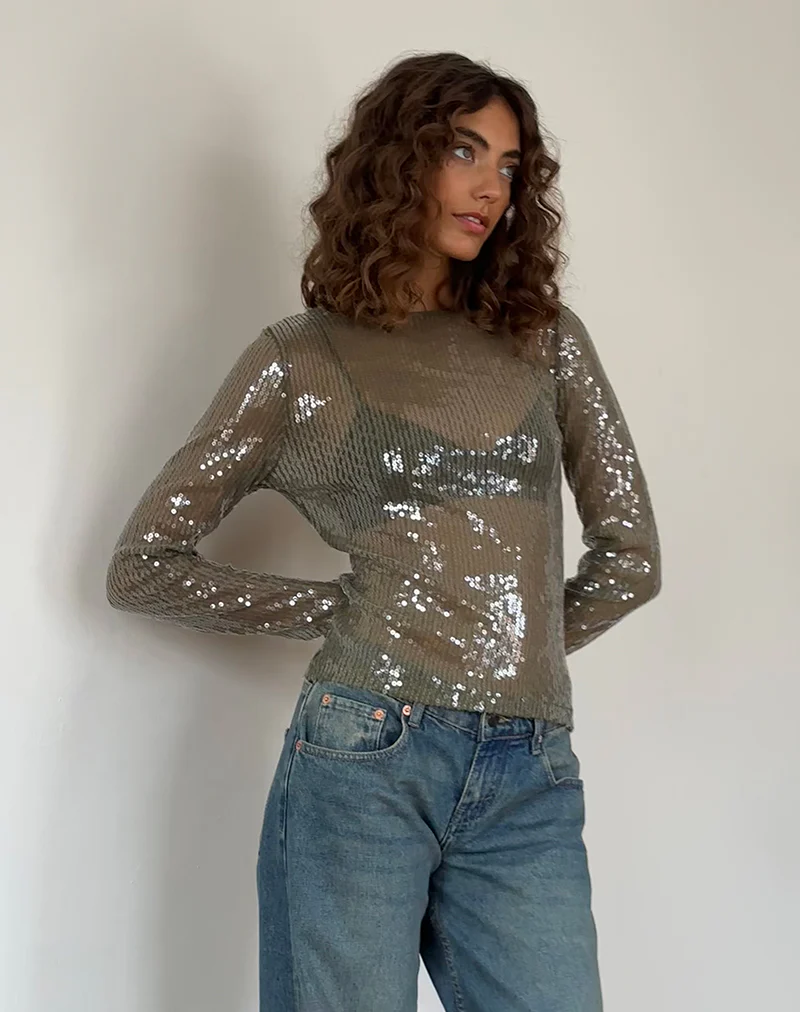 Ashram Top in Clear Khaki Green Sequin - Image 3