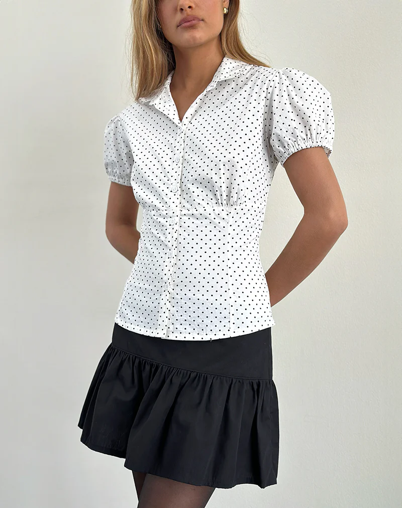 Aspen Puff Sleeve Blouse in Micro Polka White and Black - Image 3
