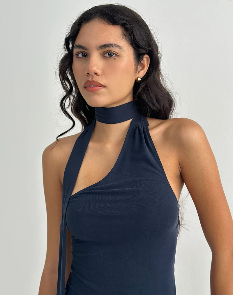 Aspyn High Neck Tie Top in Cupro Navy - Image 3