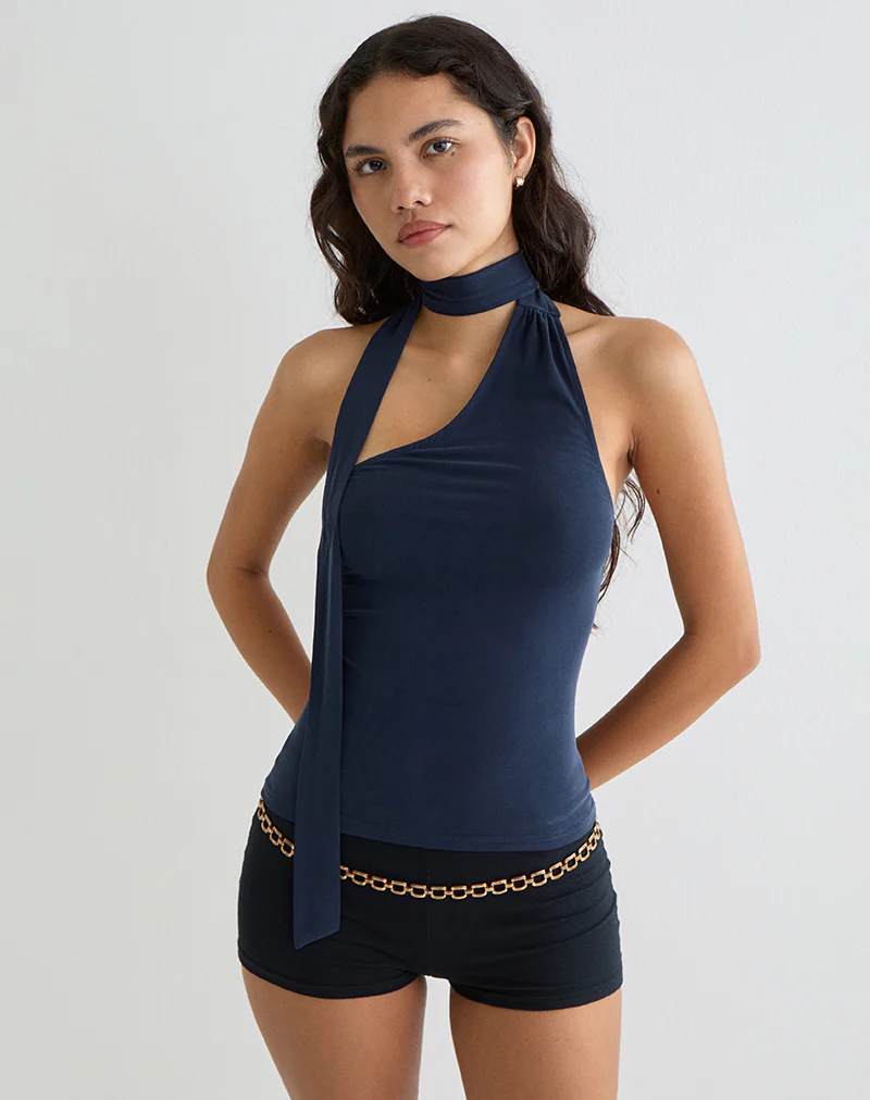 Aspyn High Neck Tie Top in Cupro Navy - Image 5