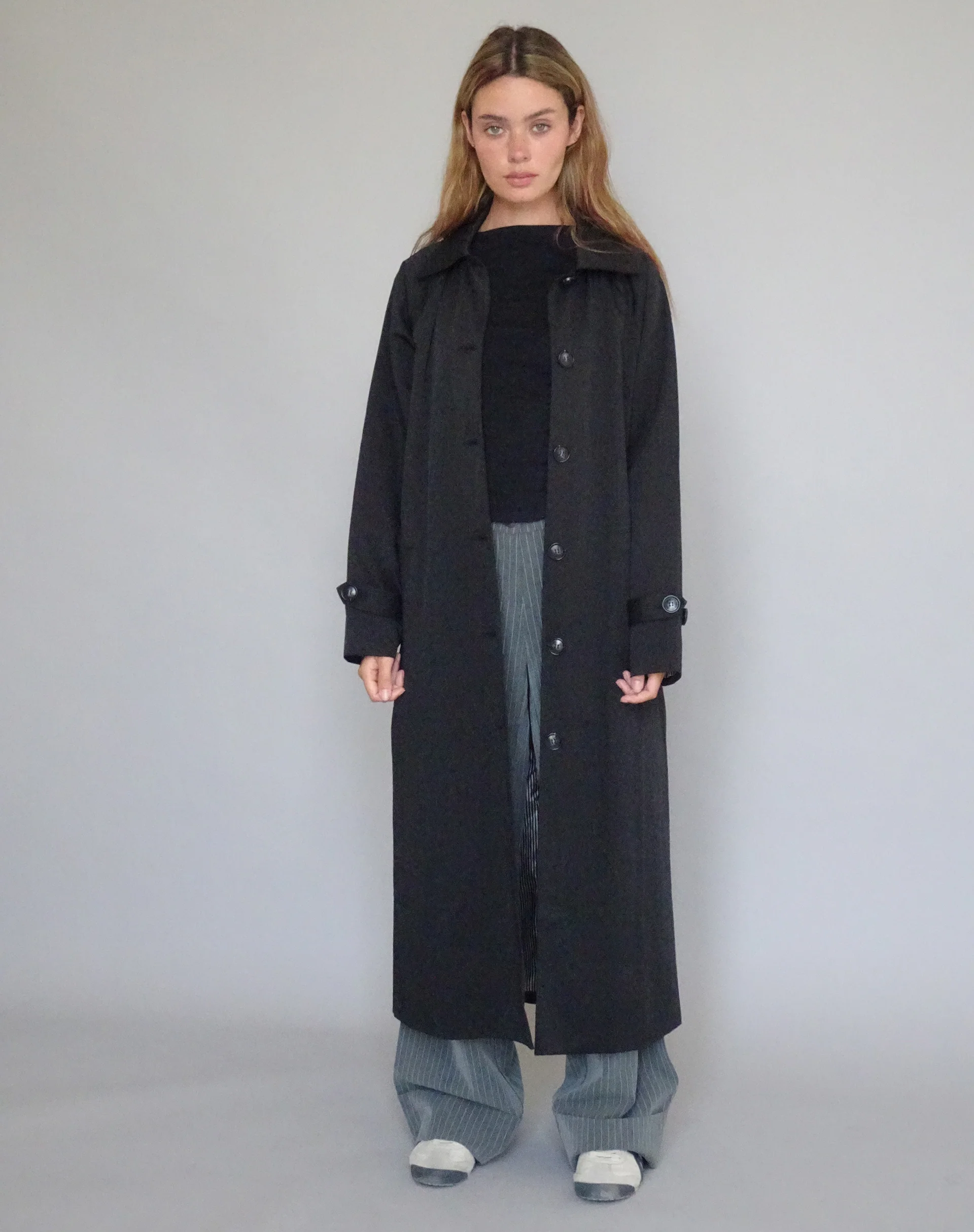 Assa Trench Coat in Black with Stripe Lining - Image 3