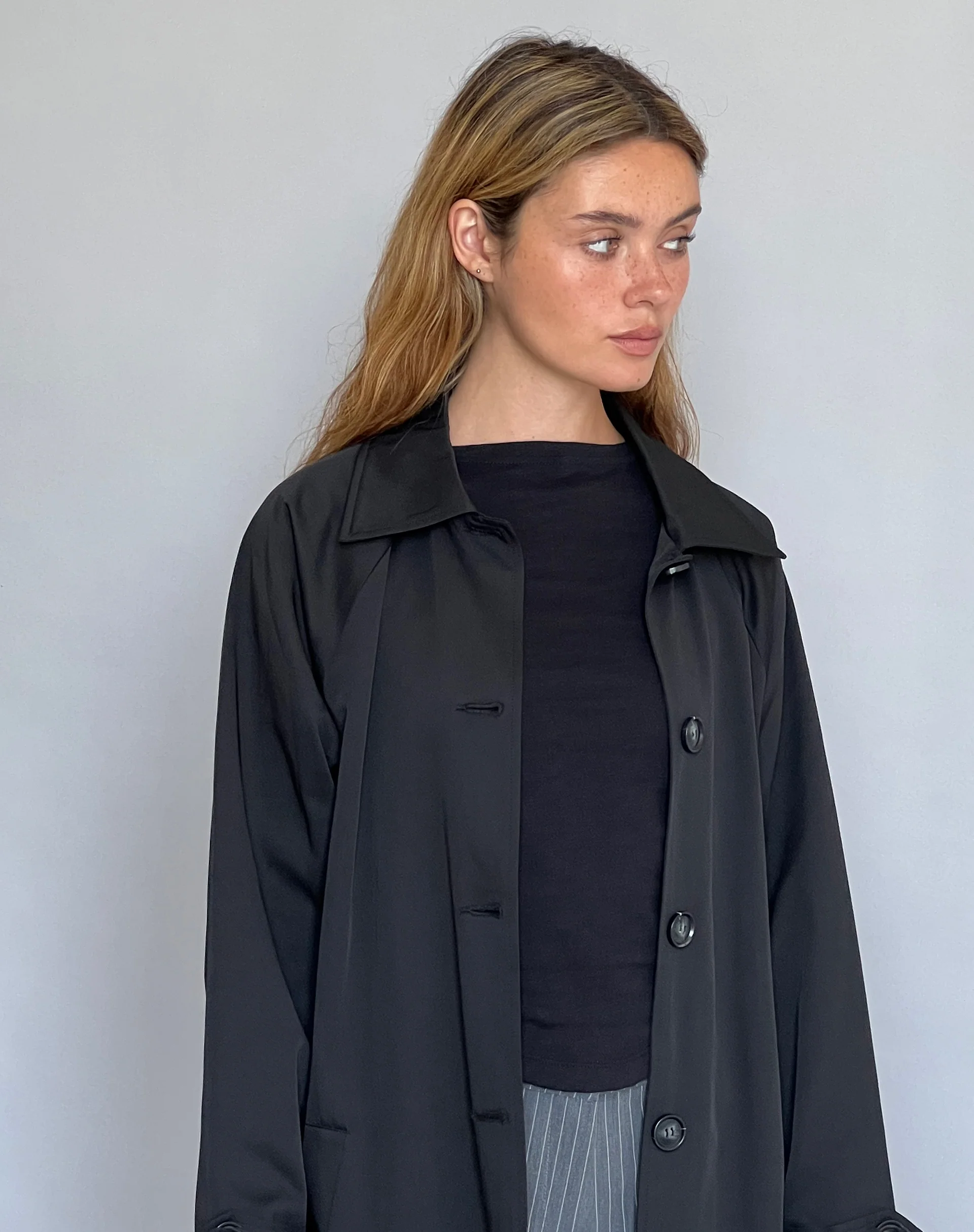 Assa Trench Coat in Black with Stripe Lining - Image 4