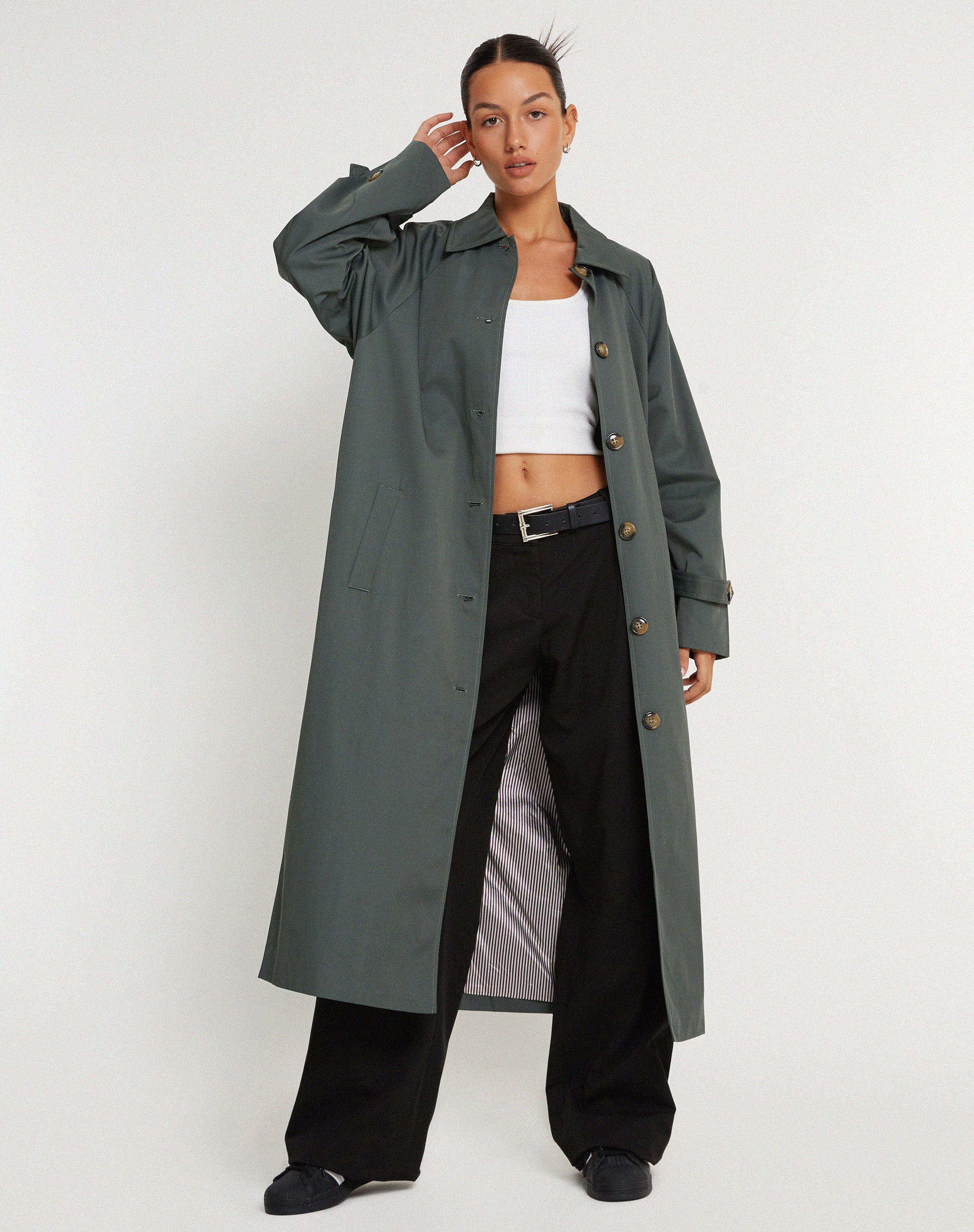 Assa Trench Coat in Light Charcoal with Stripe Lining - Image 4